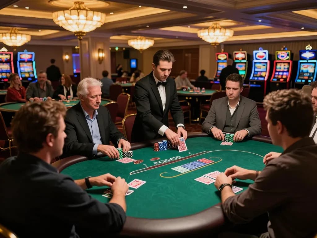 388bet poker game in upscale casino with players and dealer engaged in a thrilling moment.