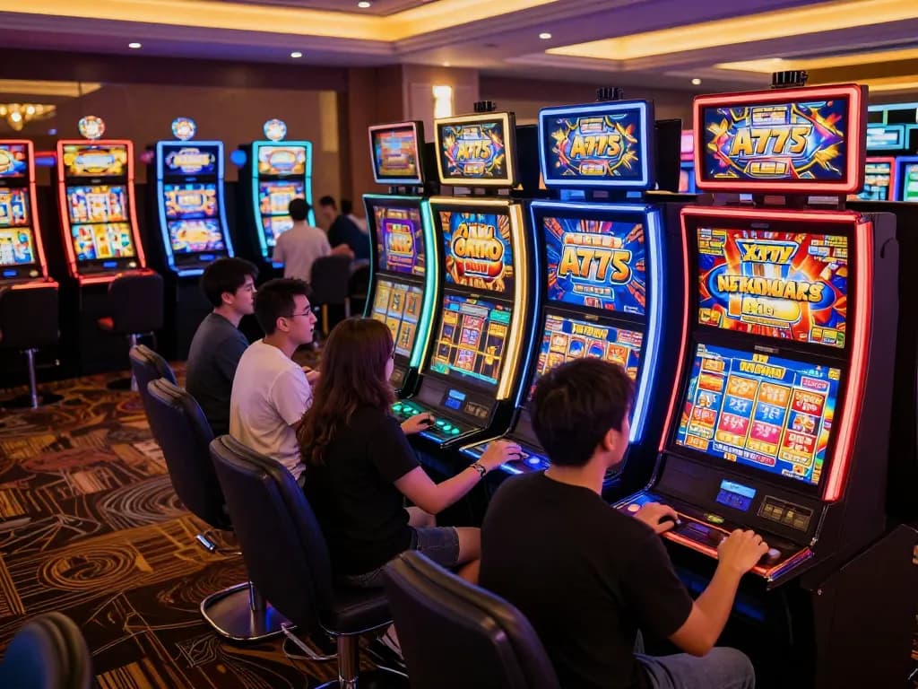 Players engaging with Apk Slot 777 machines in vibrant casino setting, showcasing excitement and joy