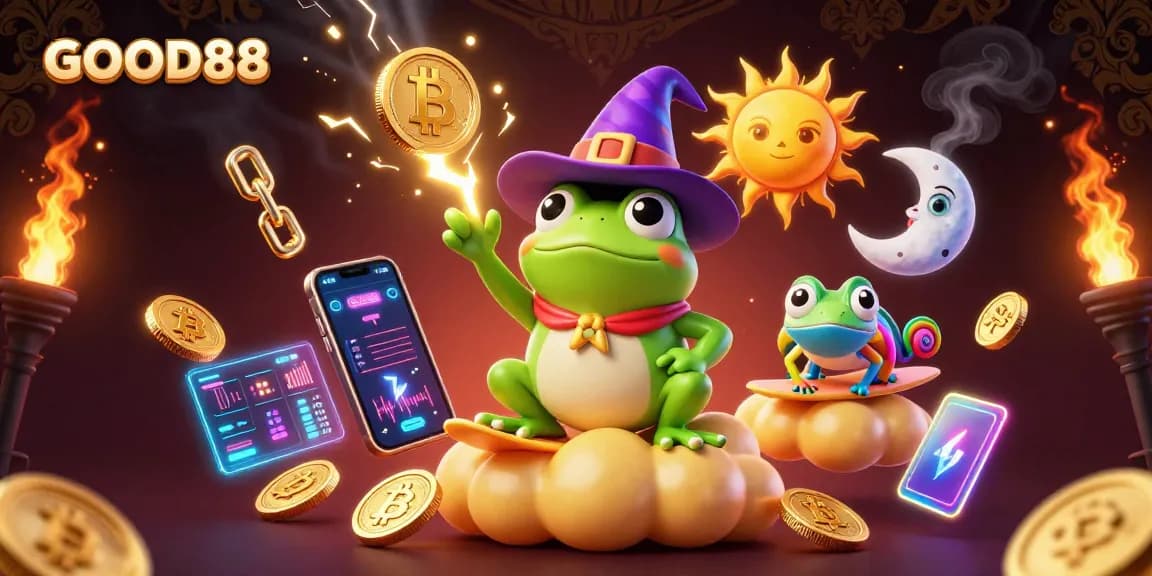 Engage in thrilling gameplay at GOOD88 with vibrant characters and digital elements, showcasing an exciting casino atmosphere.