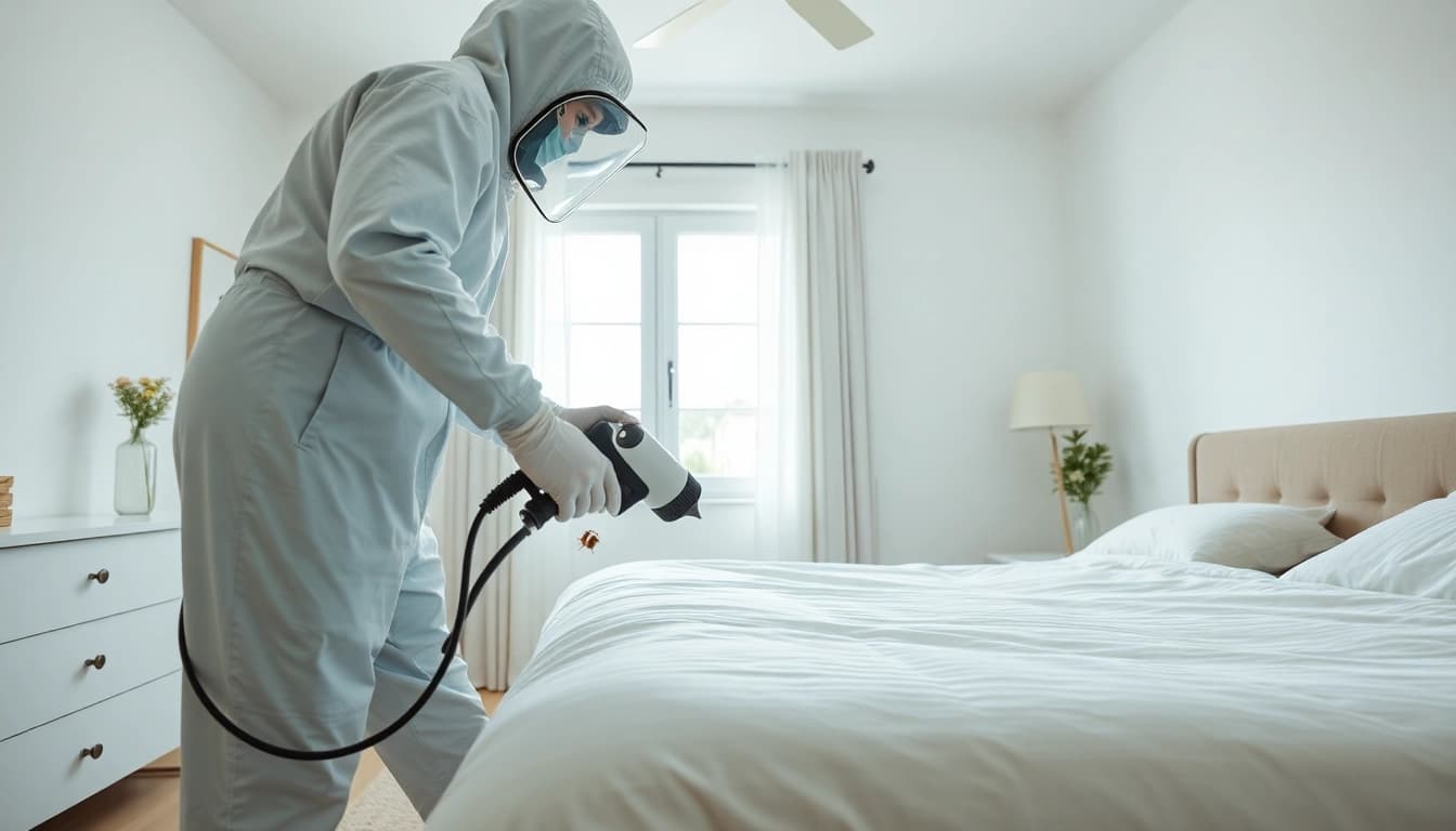 Skilled bed bug exterminators performing treatment in a bright bedroom setting.