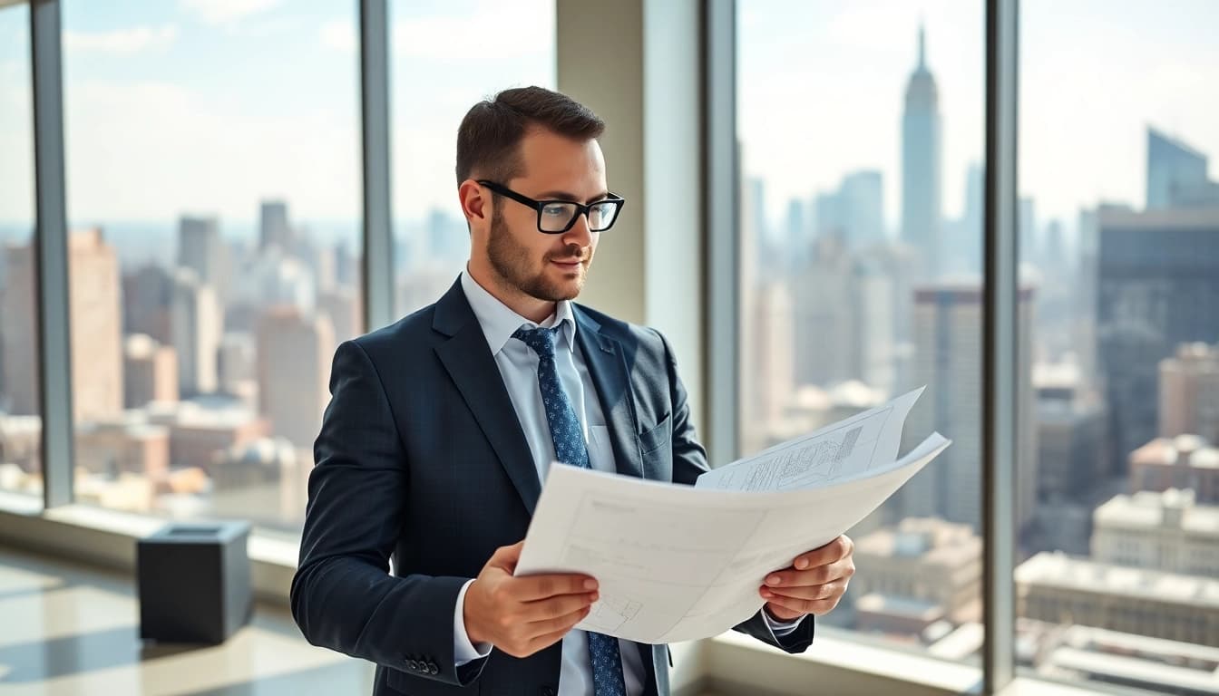 Manhattan Construction Manager analyzing blueprints in a modern office space with NYC skyline view.