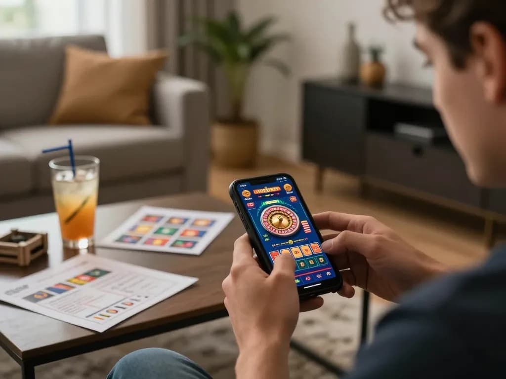 Engaging in casino non aams legali gaming on smartphone in cozy living room.