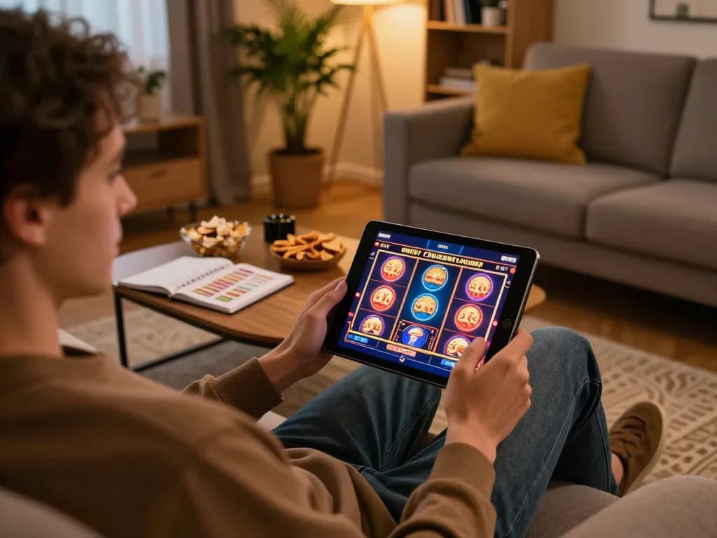 Engaging moment of casino online senza registrazione on a tablet with cozy home setting.