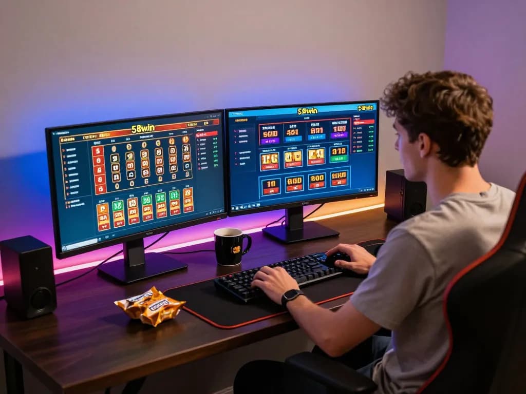 Engaged player using the 58win platform, analyzing casino game strategies in a modern setup.