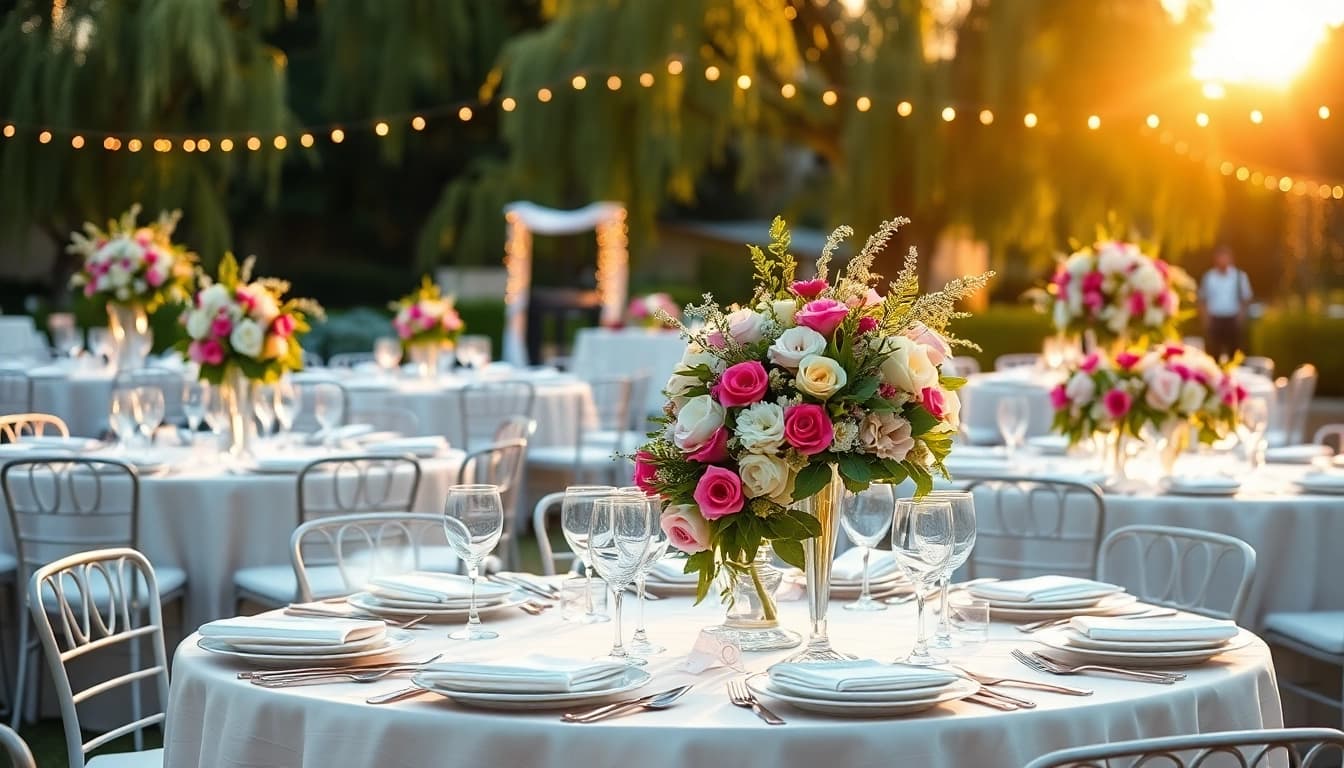 Stunning wedding & event rentals showcasing elegant table settings and vibrant floral arrangements.