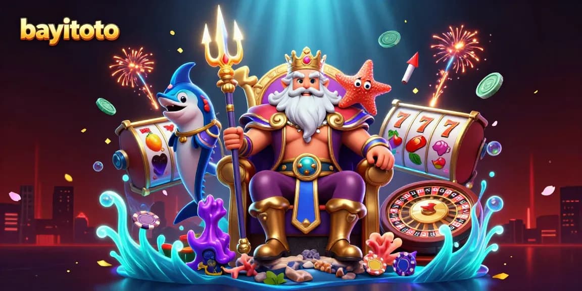 Experience bayitoto's thrilling casino adventures with Neptune, slot reels, and vibrant gaming elements.