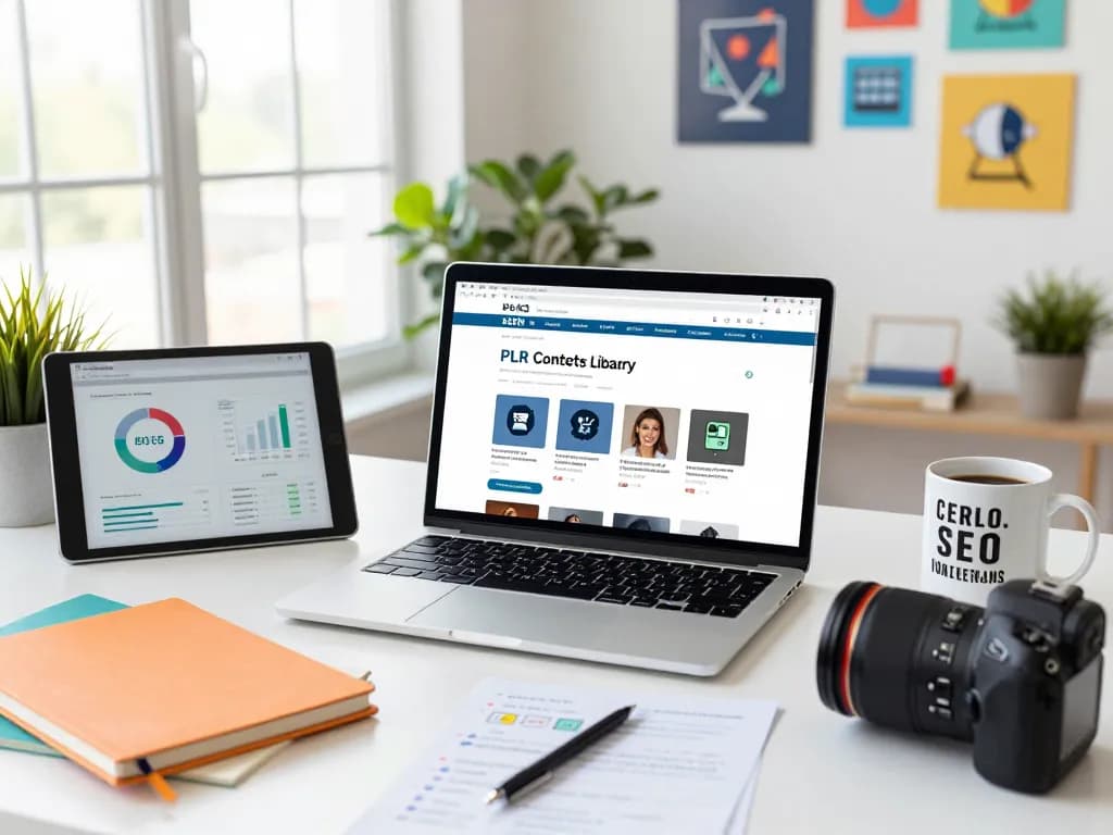Marketer in a vibrant workspace exploring options to purchase PLR content efficiently.