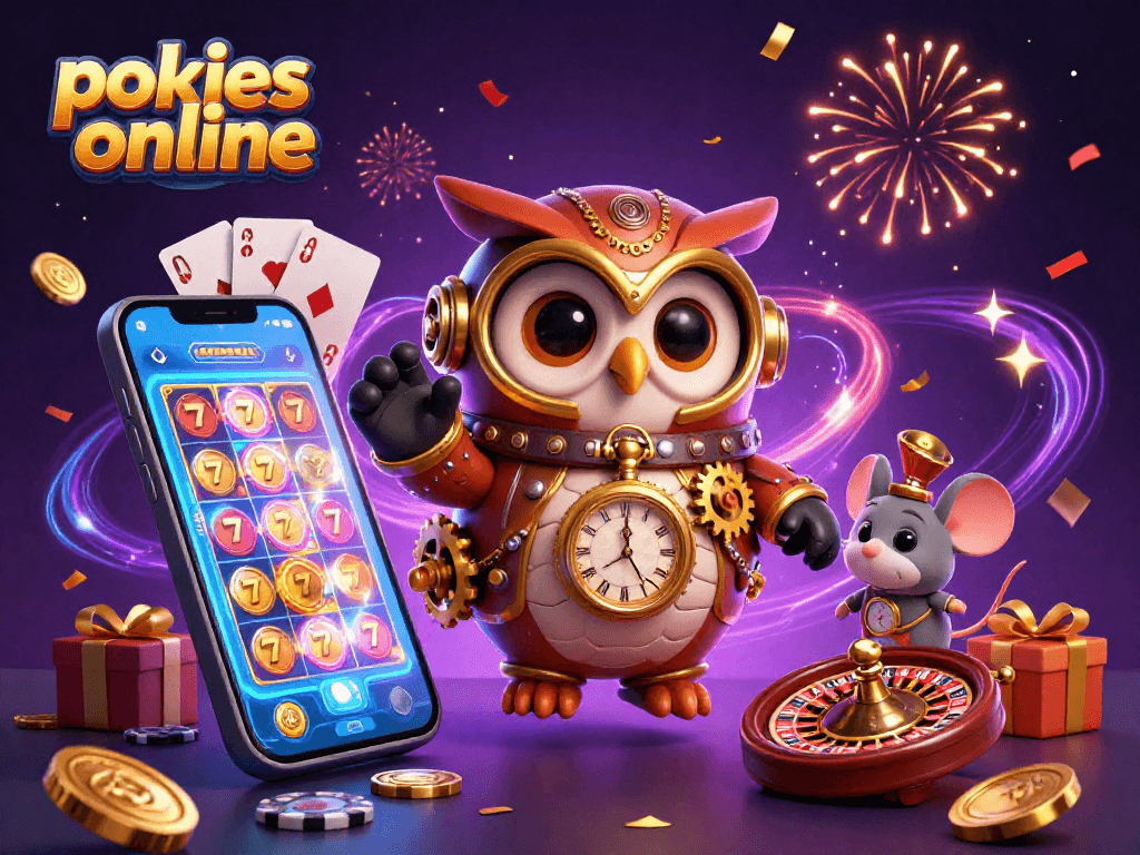 Engaging scene featuring pokies online with a steampunk owl and dynamic game elements, symbolizing modern gaming.