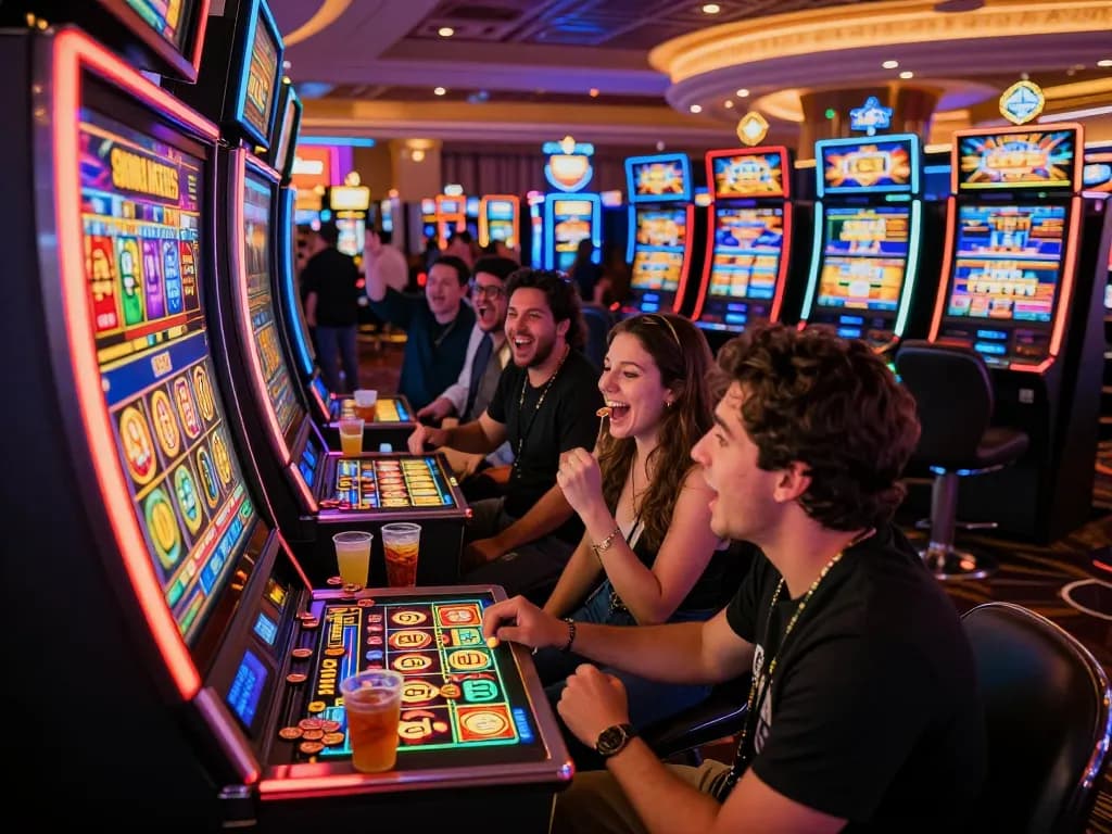 Friends celebrating a win at a vibrant link slot machine in a Las Vegas casino.