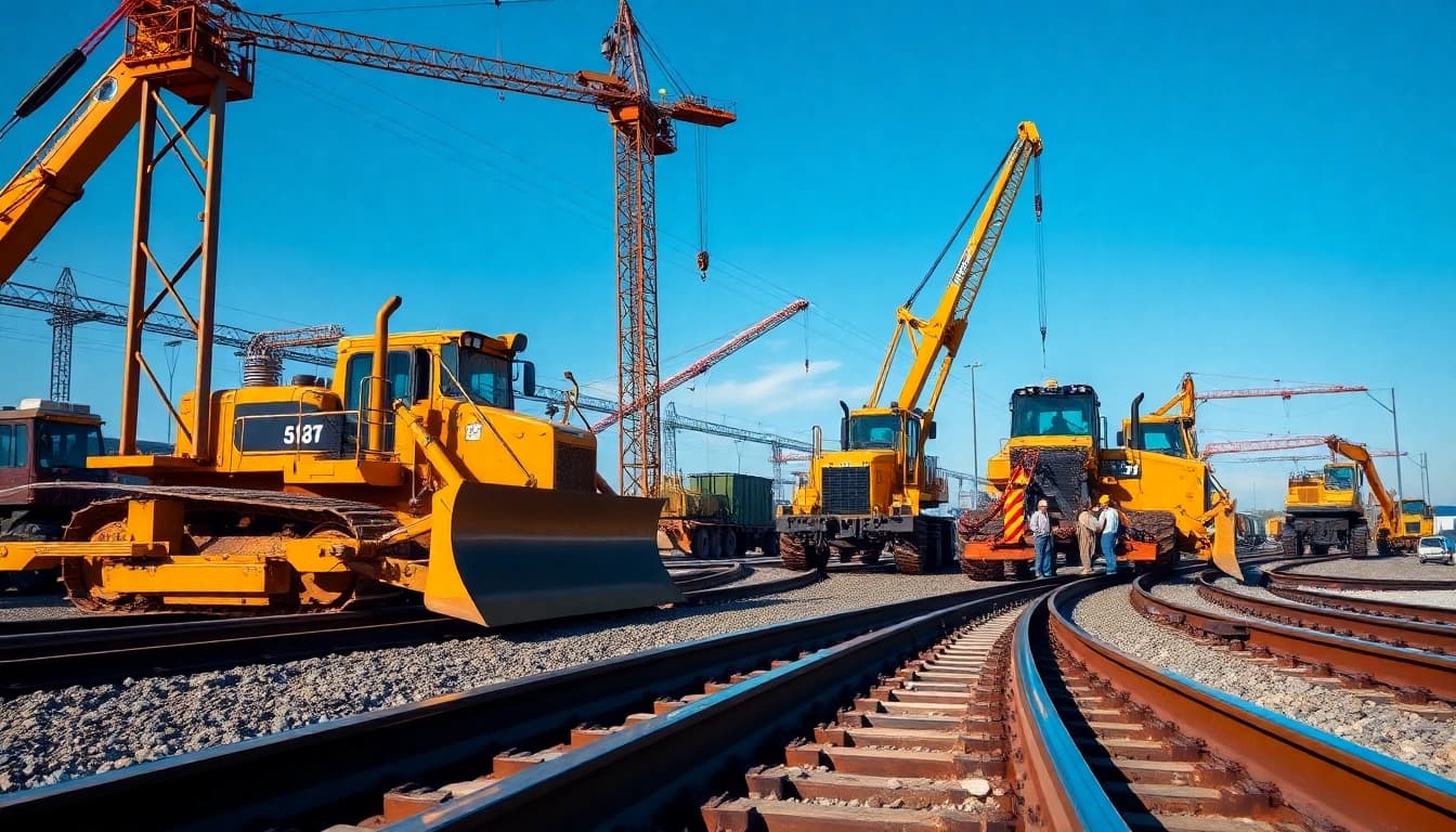 Active railroad contractors USA working with machinery at a construction site.