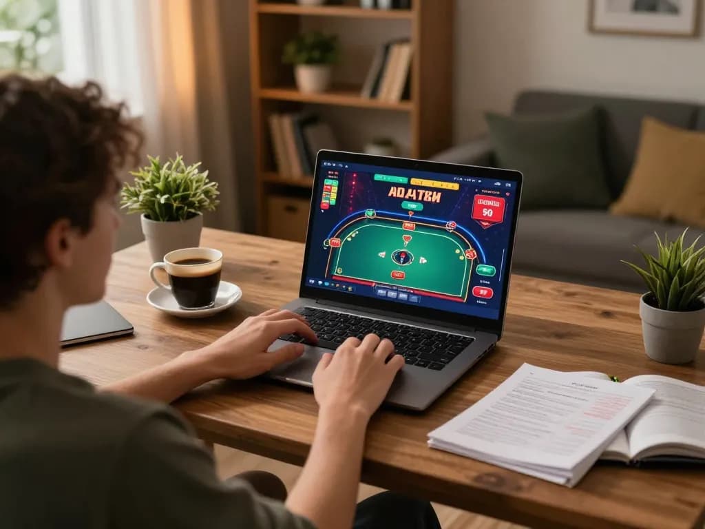 Casino online stranieri sicuri with a player actively gaming on a laptop, surrounded by strategy notes and coffee.