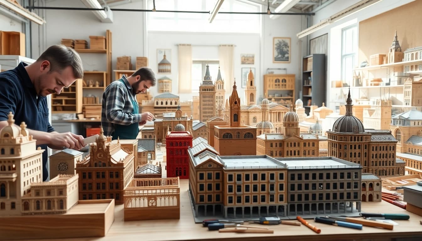 Professioneller architekturmodellbau Saarbrücken mit detailreichen Miniaturstrukturen im Workshop