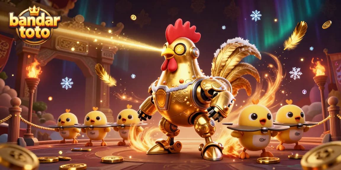 Engage with bandar toto gaming excitement featuring dynamic illustrations of a golden rooster robot amidst vibrant casino elements.