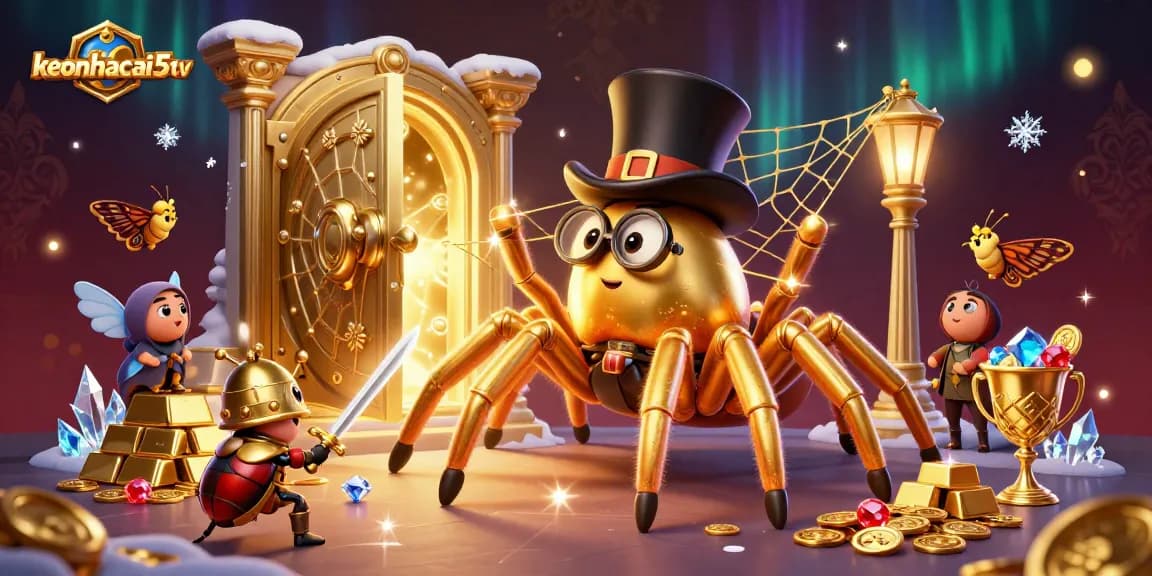 Engage with keonhacai5tv’s thrilling casino scene featuring a golden tarantula and a beetle knight.