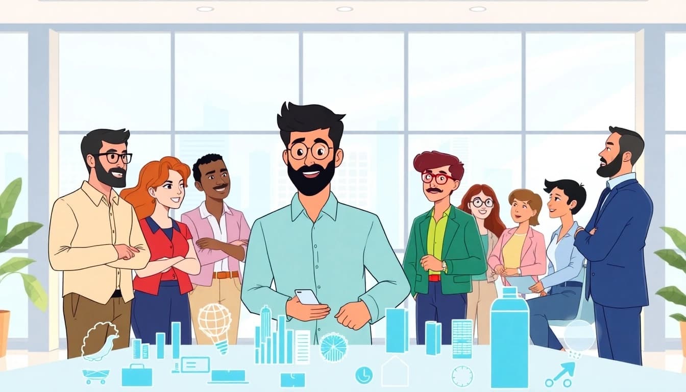 Innovative Unternehmensanimation showcasing a diverse team in a modern office environment.