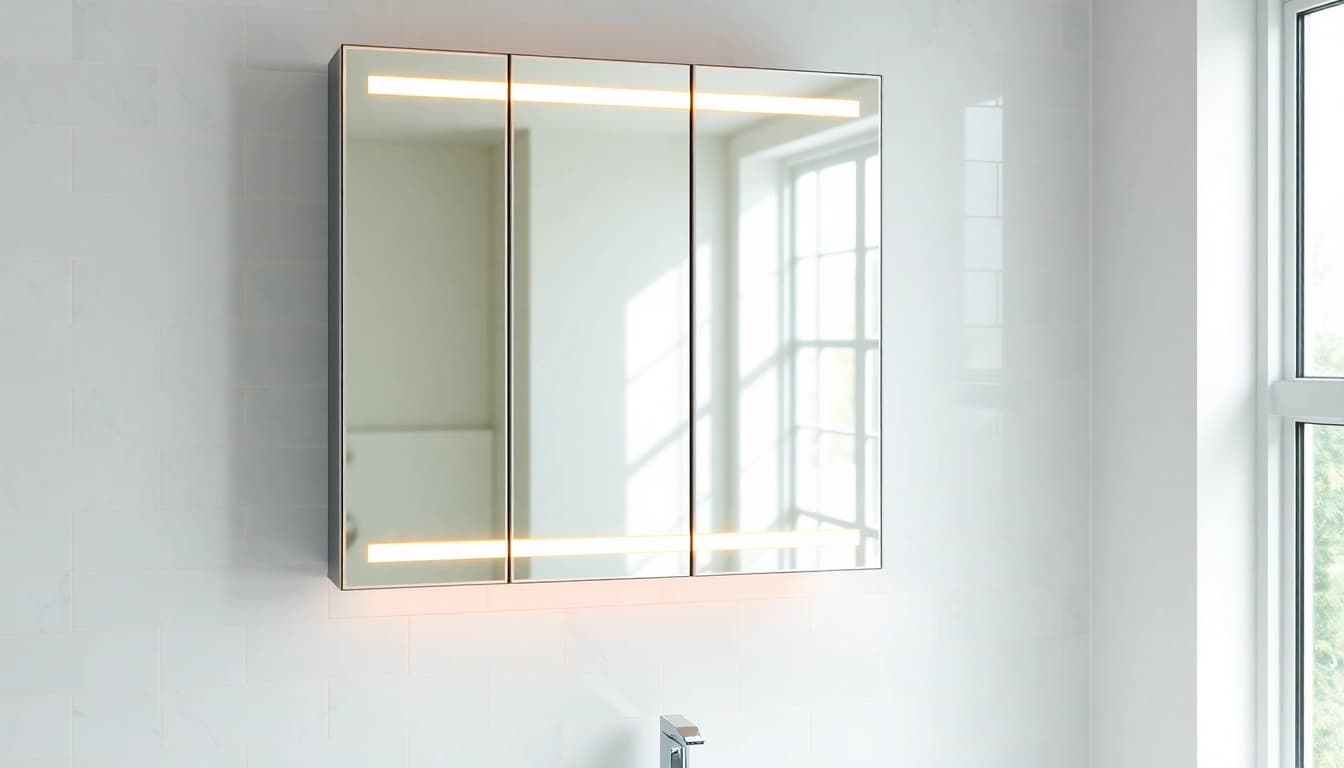 Stylish mirrored bathroom cabinet with light enhancing a modern bathroom design.