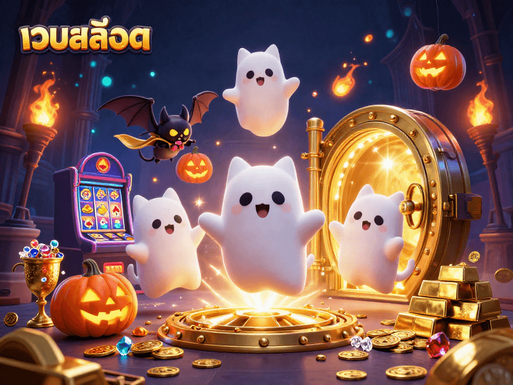 Engage with เว็บสล็อต in a vibrant haunted casino scene featuring a friendly ghost cat and treasures.