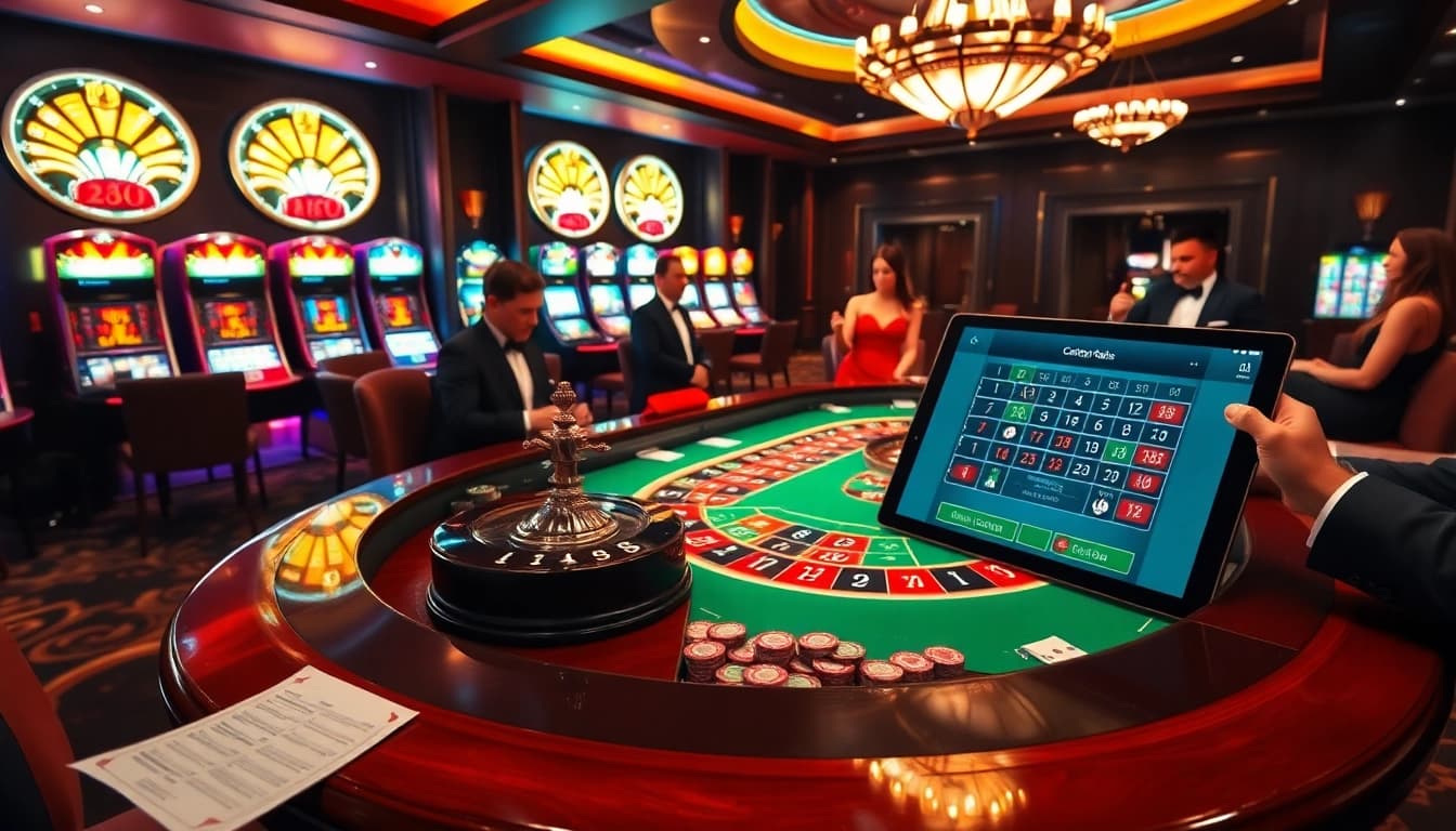 Scène palpitante de casino en ligne argent réel France avec des joueurs glamours et une table de roulette.