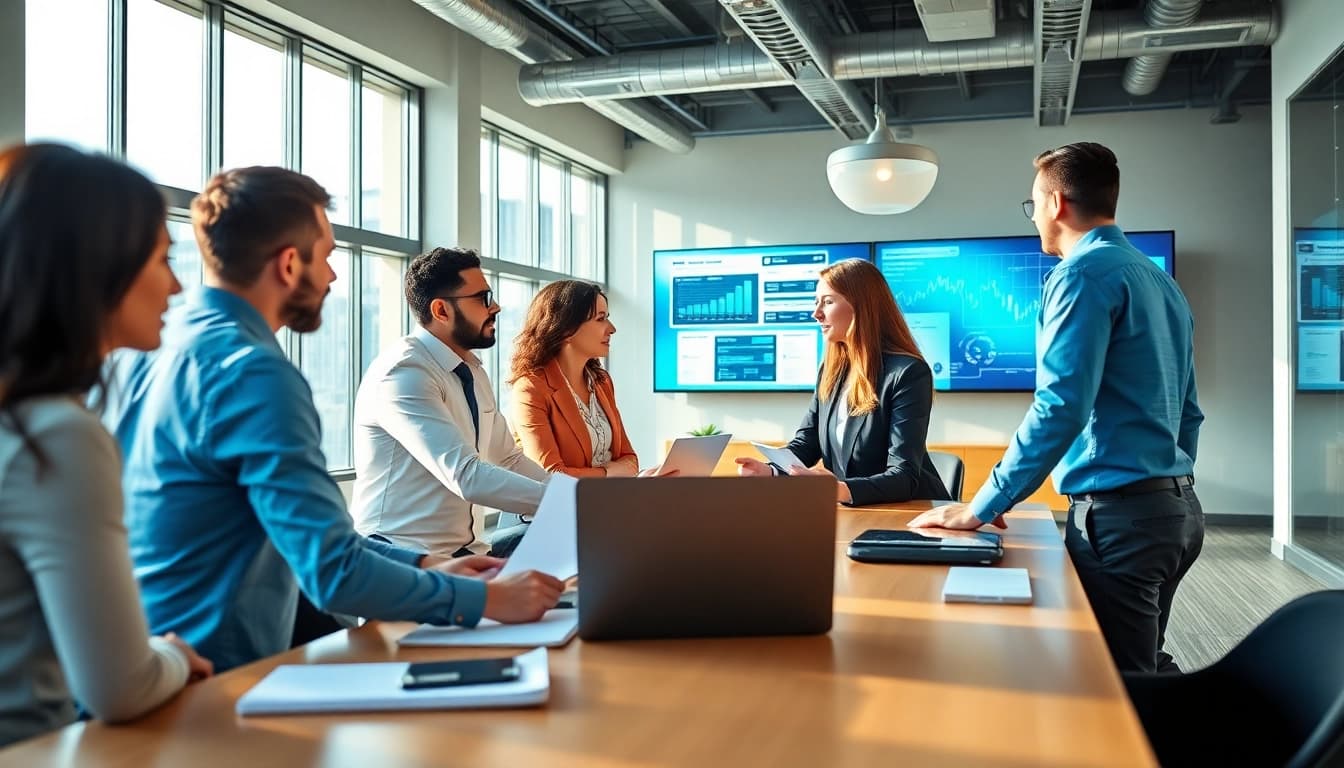 Enhancing B2B competitive intelligence strategies through team collaboration in a modern office setting.