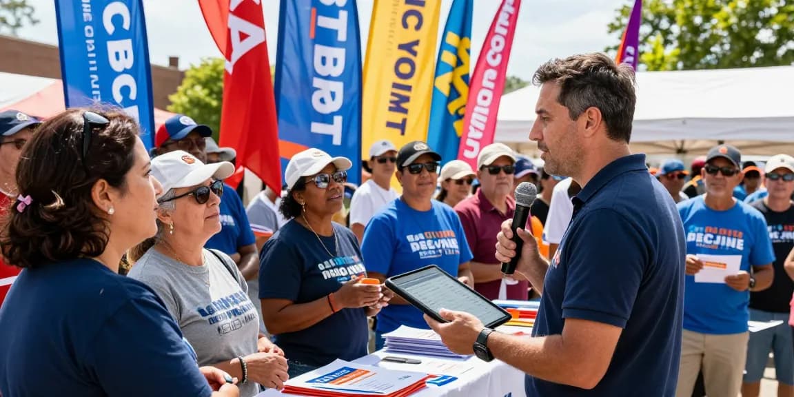 Voice broadcasting political data analytics at vibrant campaign rally with engaged voters.