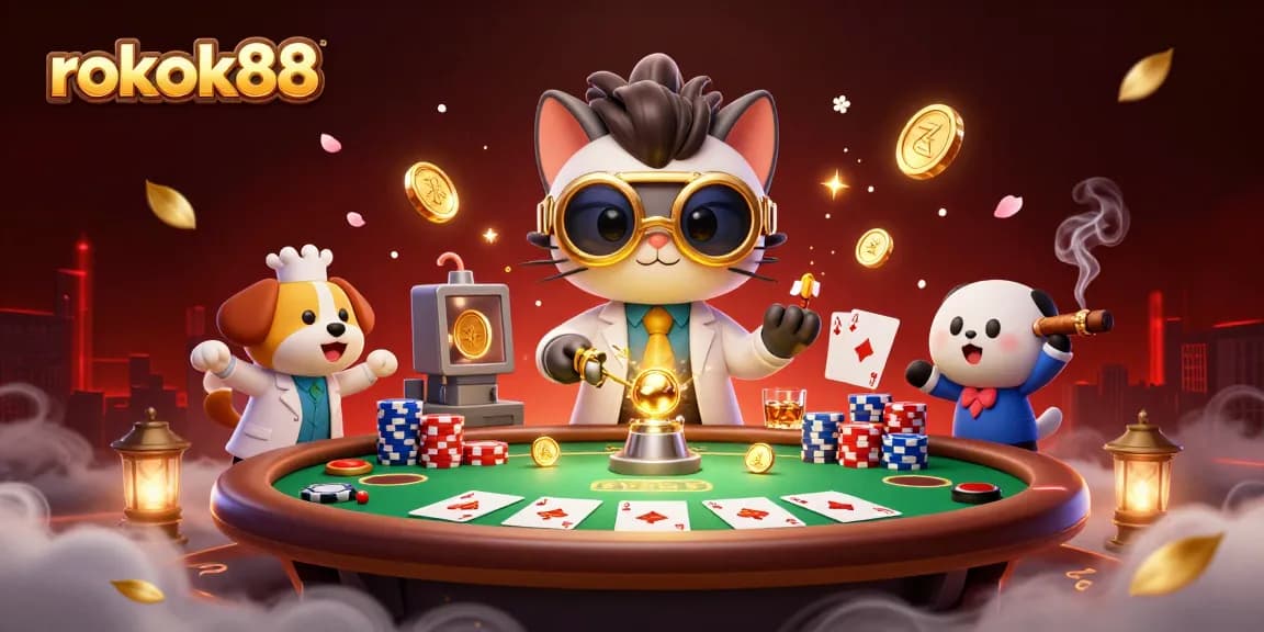 Engage with rokok88's vibrant casino scene featuring a mad scientist cat and dog with poker elements.