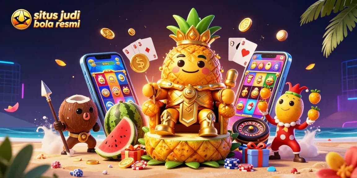 Situs judi bola resmi showcases a vibrant 3D scene with a pineapple king and gaming elements for enhanced excitement.