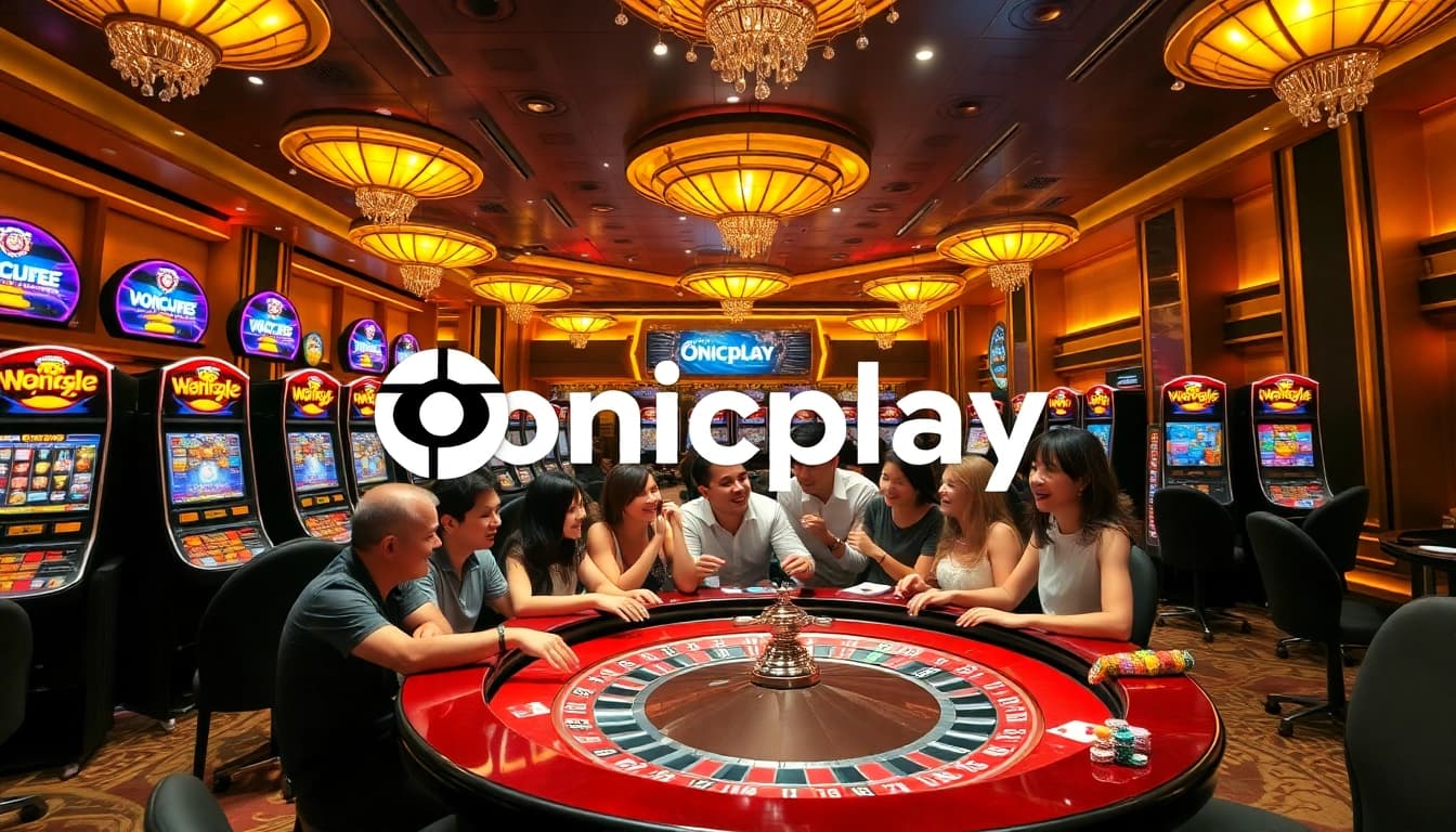 Players celebrating a win at Onicplay casino with vibrant slot machines and roulette table.