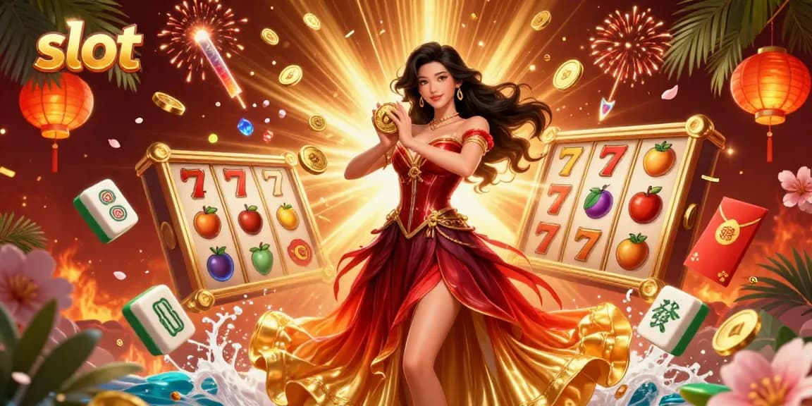 Spin the slot reels with a stunning Asian character holding a golden coin, amidst a shower of coins.