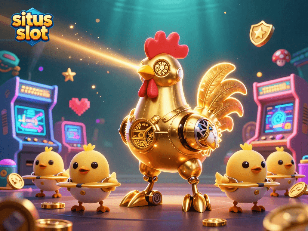 Raih kemenangan di situs slot dengan ilustrasi robot ayam emas futuristik di kasino.
