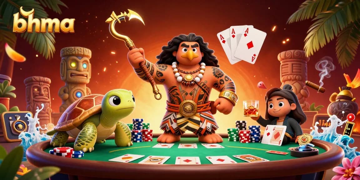 bhma showcases a vibrant casino scene featuring a demigod hawk and turtle at a poker table.