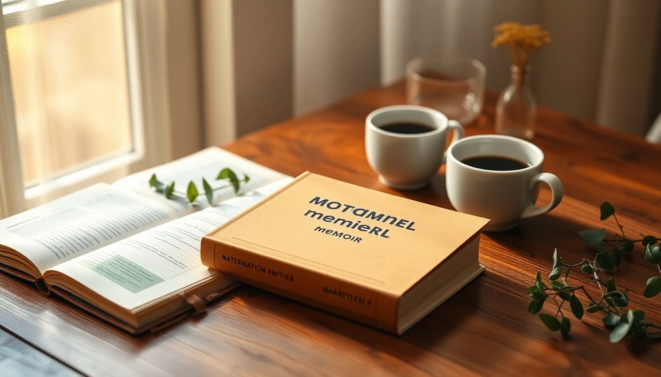 Illustration of a motivational memoir on a table with coffee and notebook capturing inspiration.