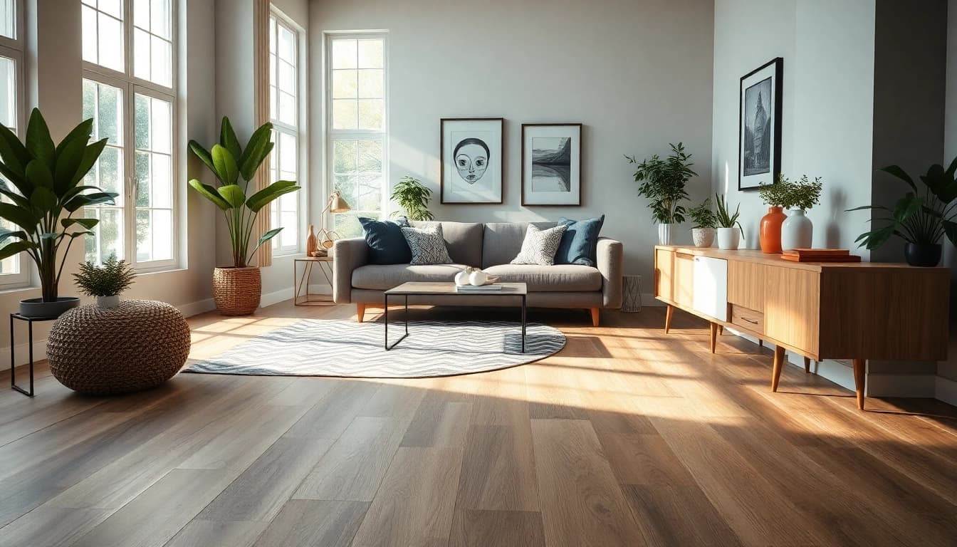 Transform your space with this elegant vinyl plank flooring, showcasing a warm taupe tone in a modern setting.