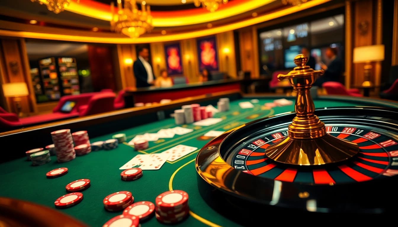 A thrilling casino scene highlighting gà 6789 with vibrant chips, cards, and a spinning roulette wheel.