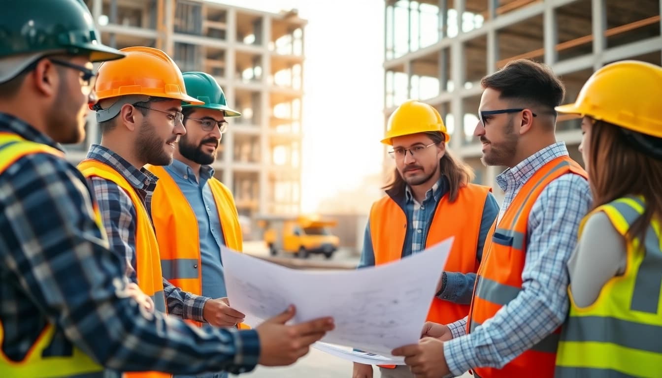 Members of a construction association discussing plans at a job site, fostering teamwork.