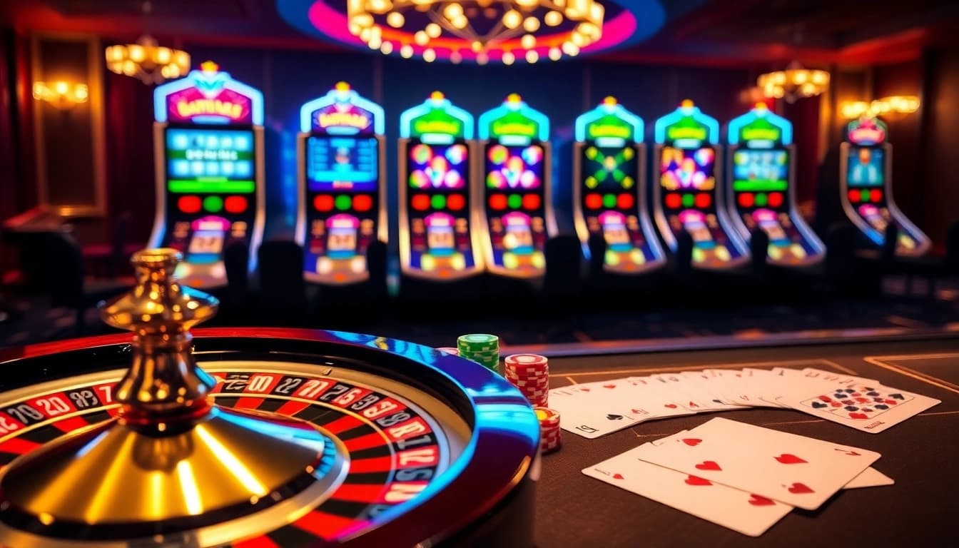 Scène captivante montrant le casino en ligne argent réel France avec roulette, jetons de poker et machines à sous vibrantes.