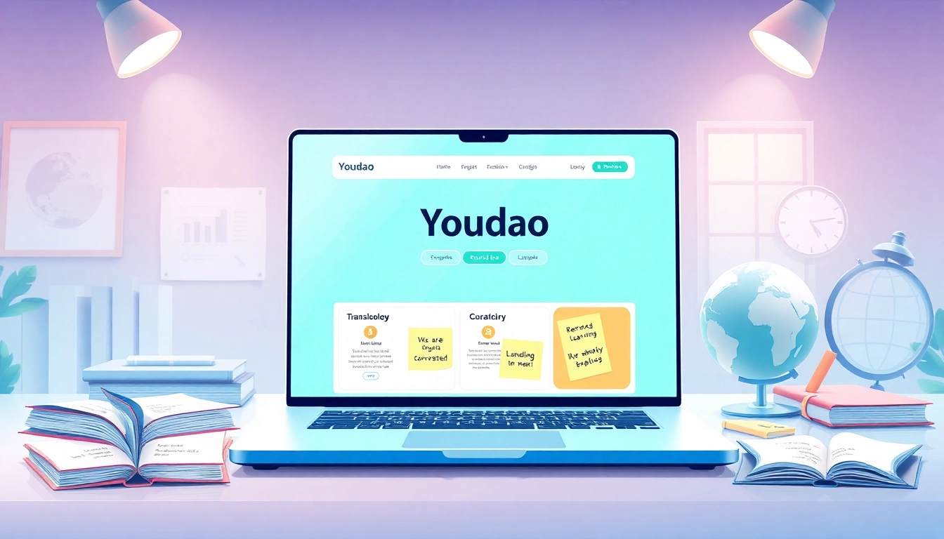 Youdao digital learning environment showcasing language translation tools and educational materials.