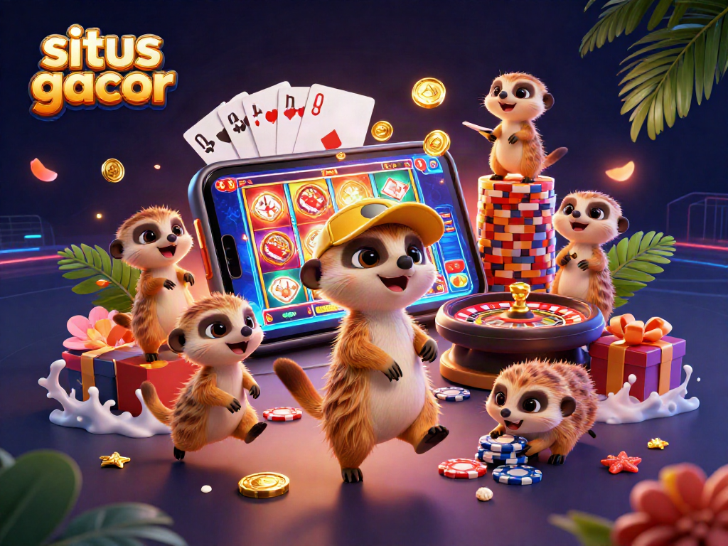 Engage in situs gacor with a vibrant casino scene of meerkats playing cards and slots.