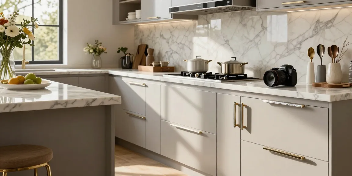 Stylish kitchen scene showcasing premium handles, including the Angel Marble Handle, for elegant home decor.