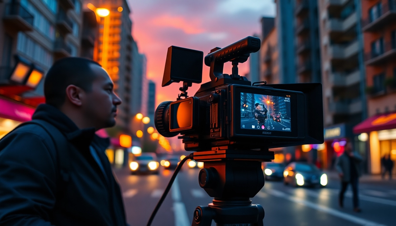 Film Maker capturing a vibrant urban scene with professional equipment at sunset.