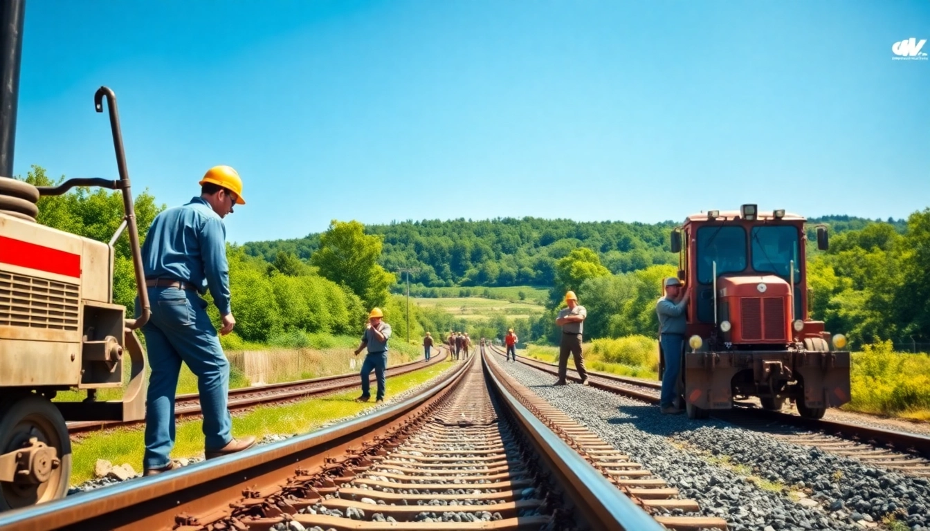 Railroa Maintenance Services team performing track inspections and repairs in a vibrant rural setting.