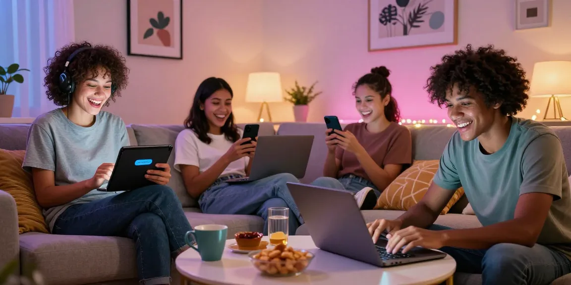 Engaging scene of users interacting with an NSFW chat bot in a cozy living room, showcasing a relaxed atmosphere.