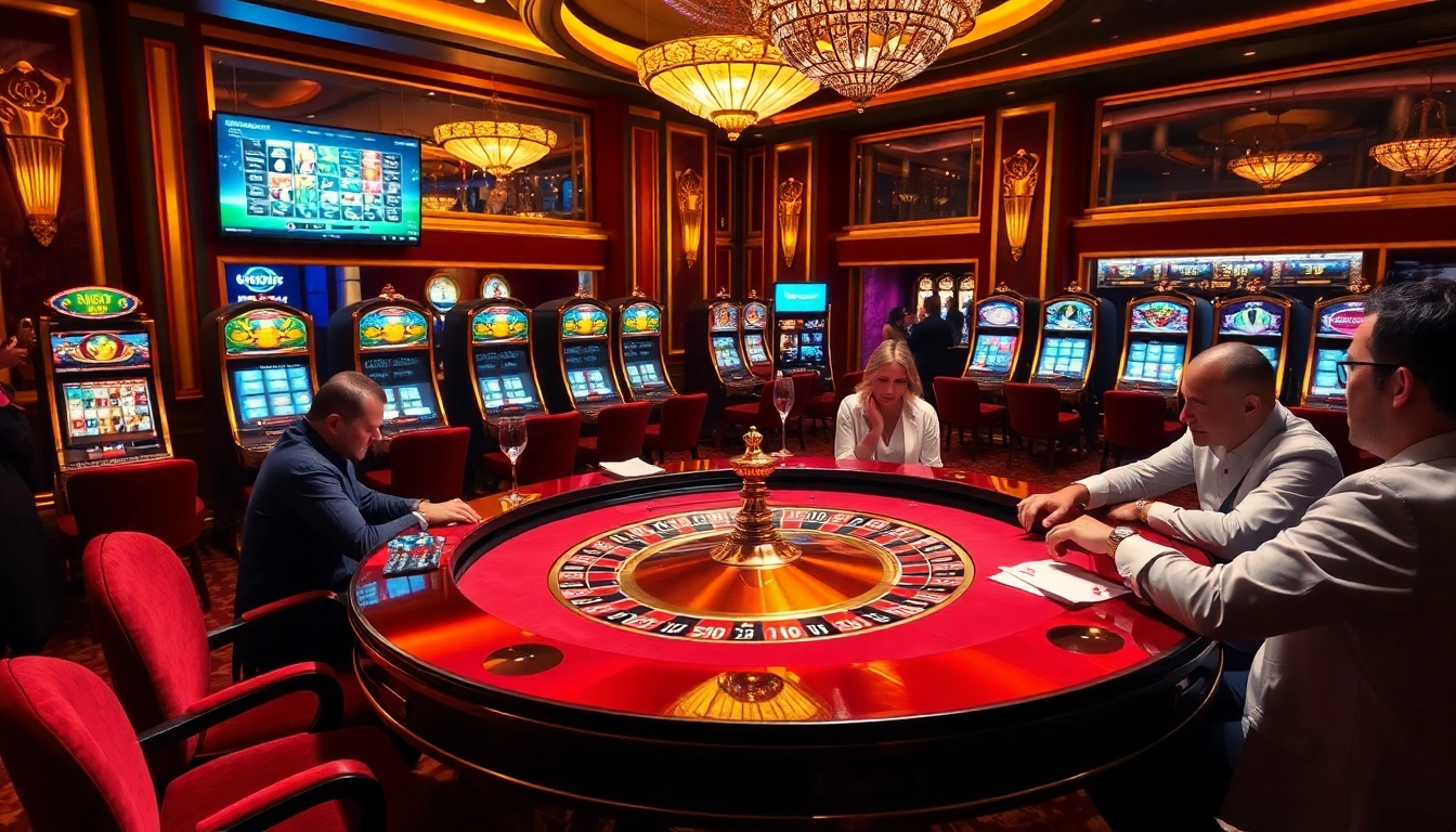 Scène engageante de casino en ligne argent réel France avec des joueurs à la roulette et aux machines à sous.
