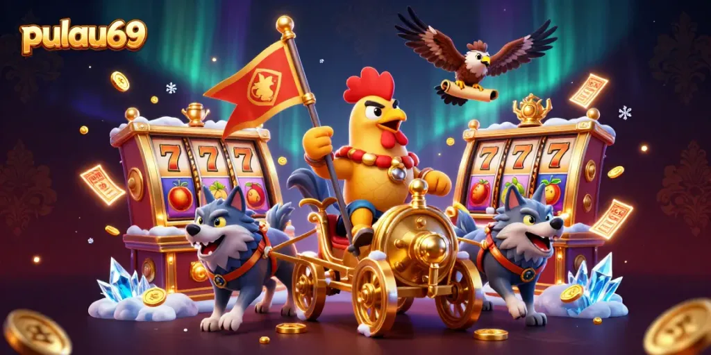 Engage with pulau69 through dynamic gaming action featuring a vibrant illustration of a rooster warlord in a golden chariot.