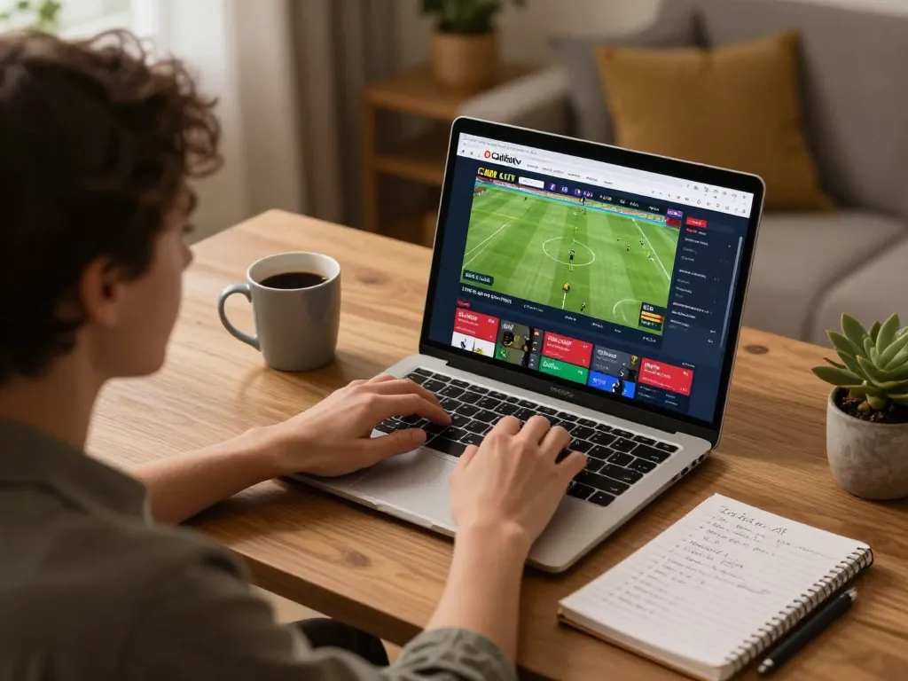 Cakhiatv live football streaming on laptop, cozy home setup for online gambling.
