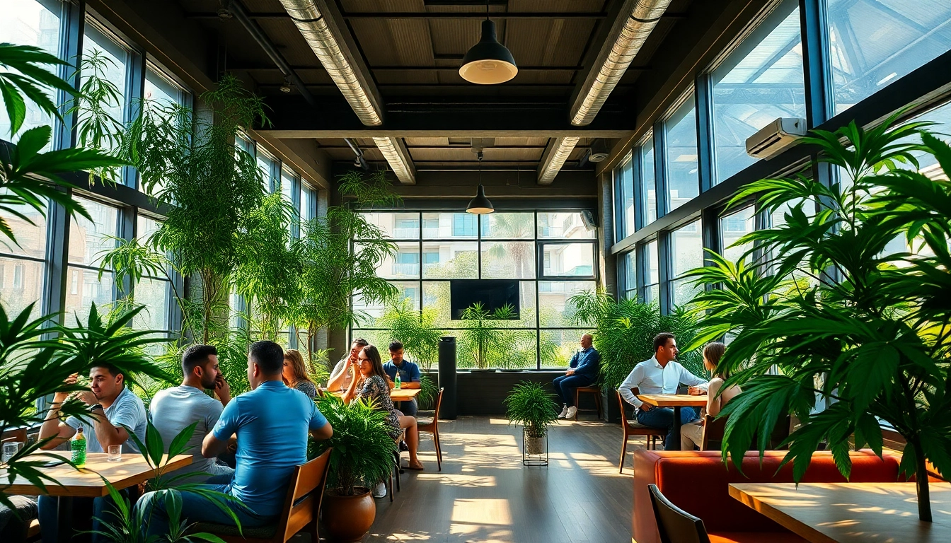 Meilleurs Cannabis Clubs à Madrid ambiance with vibrant plants and relaxed patrons.