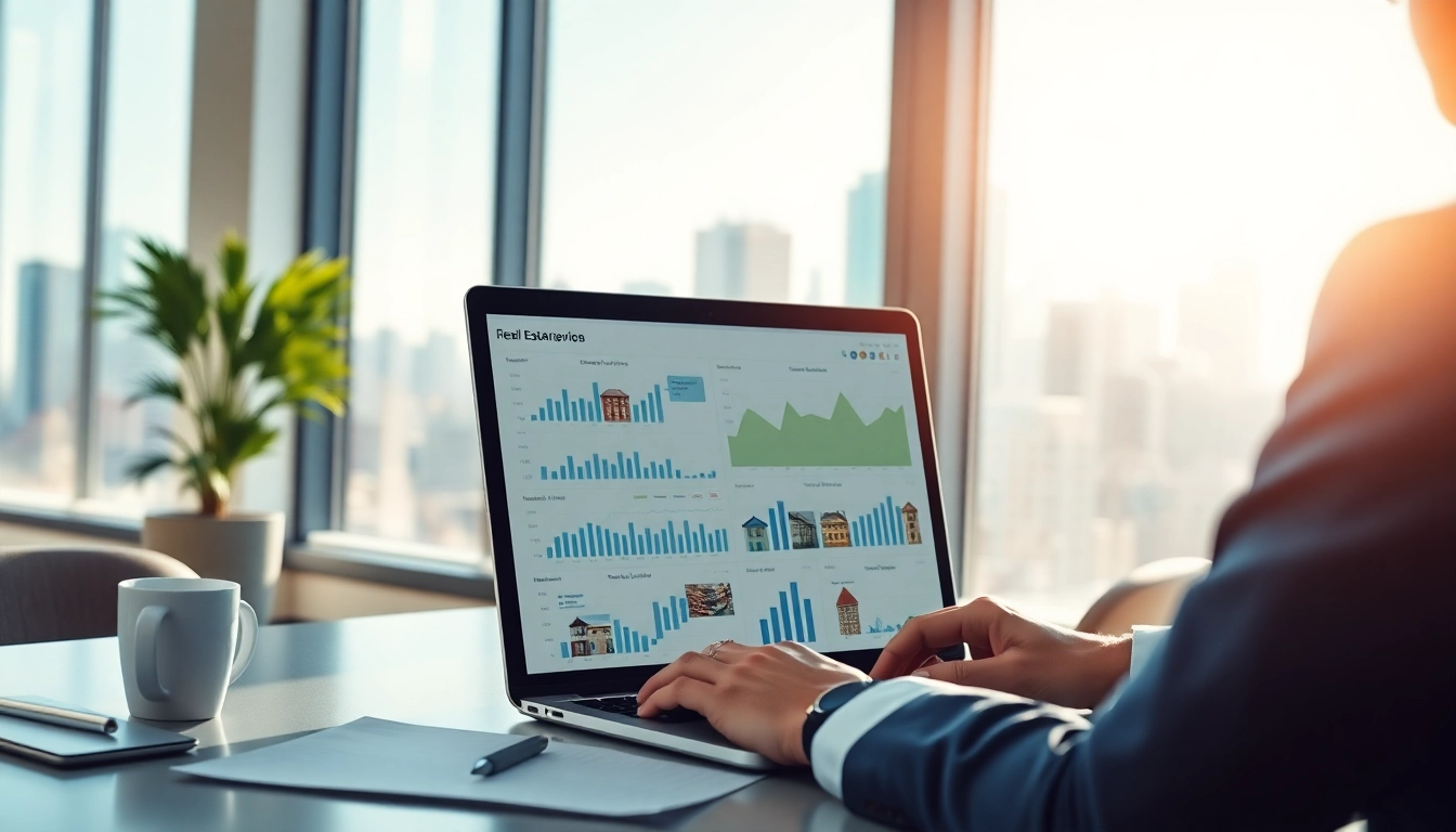 Analyze Real Estate Finance portfolio in a professional office environment with a city skyline view.