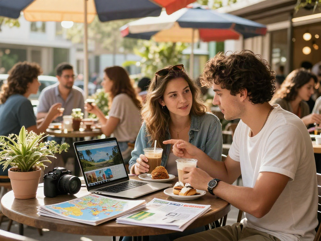 Couple at a café discussing travel plans with rokok88 brochures.