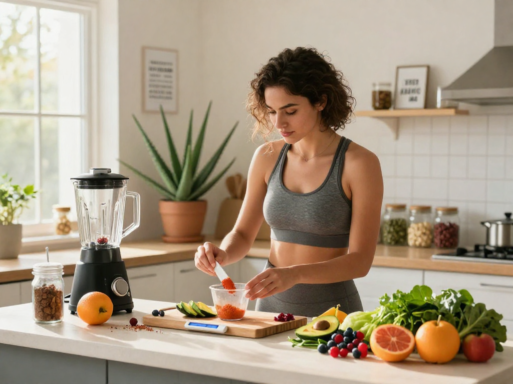 Vegan astaxanthin preparation in a bright kitchen with fresh fruits.