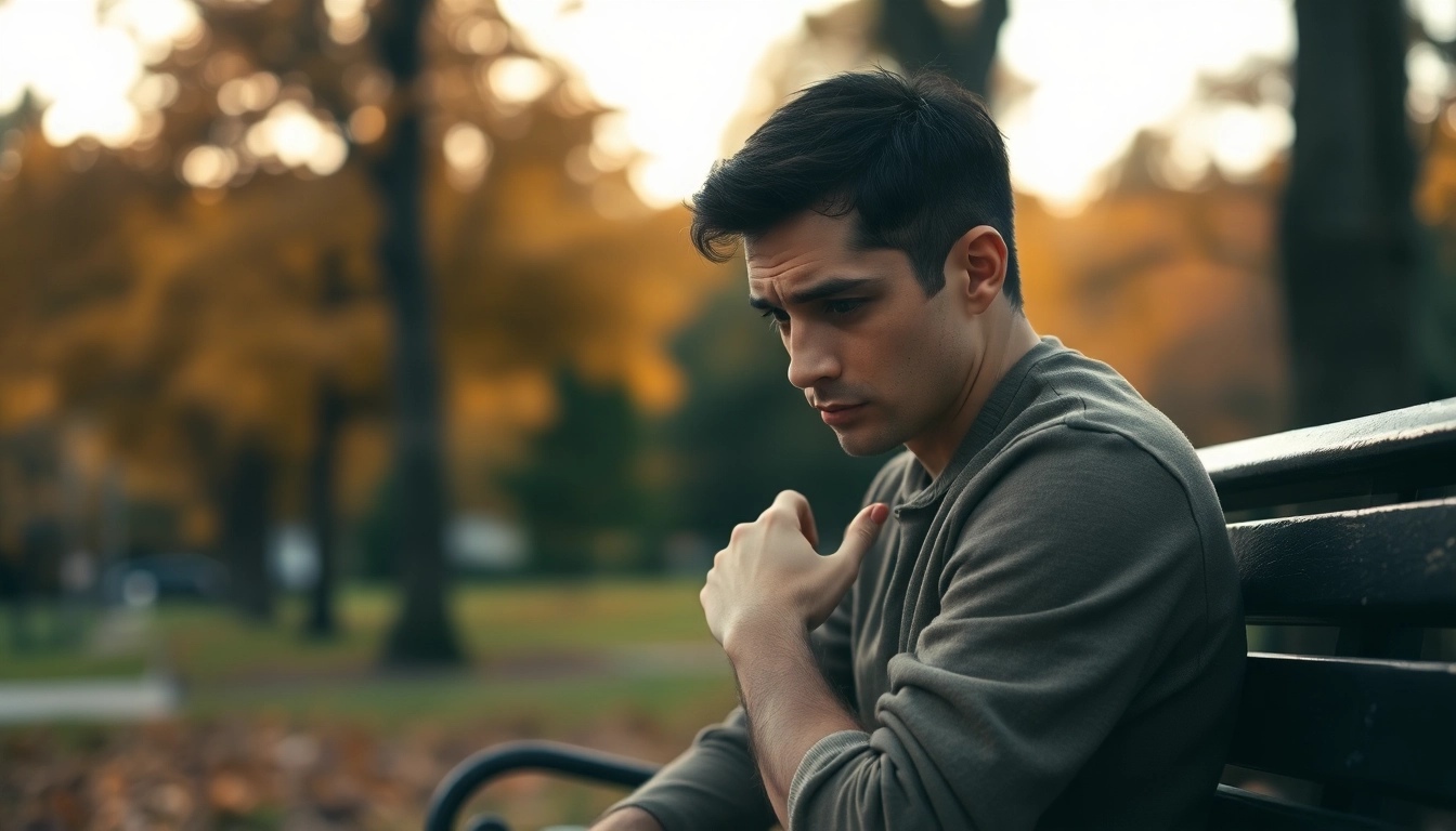 Person embodying depression symptoms in a serene park setting with introspective mood.