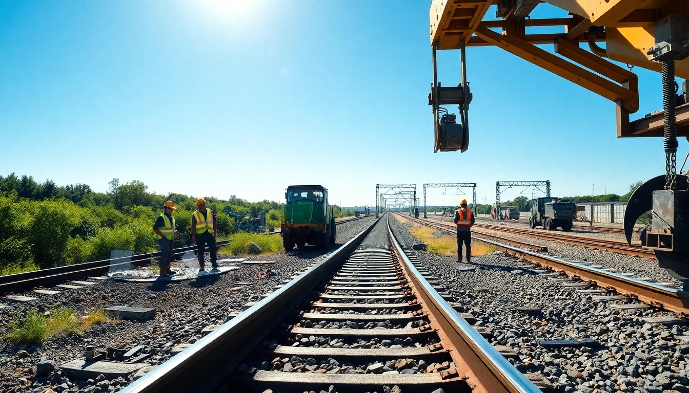 Workers inspect tracks at a railway site, representing north american rail solutions services.
